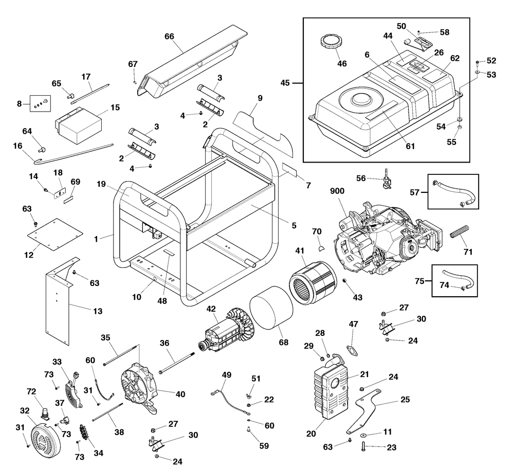Main Unit Diagram and Parts List for 030750-00  Briggs and Stratton Generator